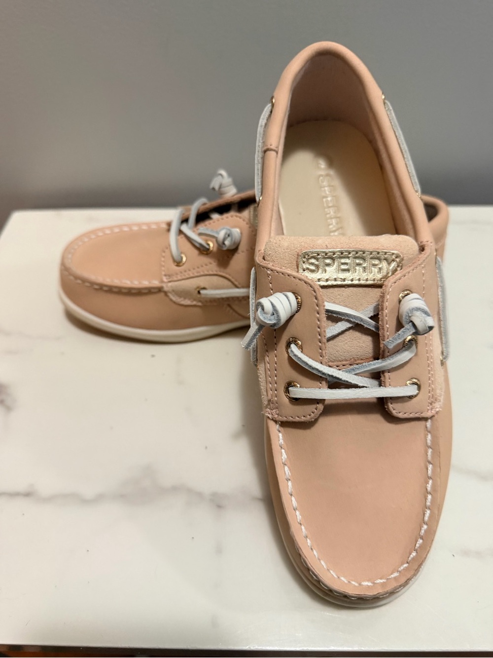 Sperry Kids Pink Boat Shoes with white soul and silver accents and silver laces